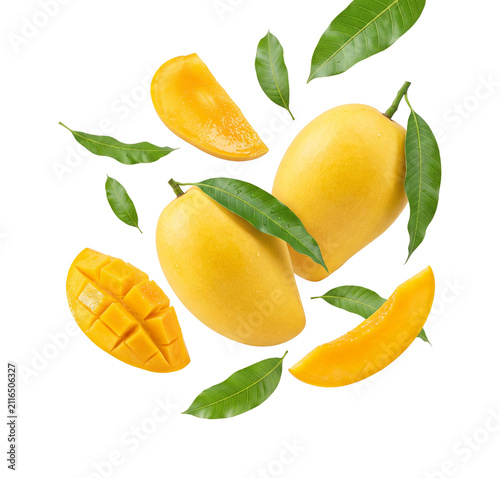 Fresh Ripe Flying Mango Fruit Slices and Whole Mangoes with Green Leaves Isolated on Transparent Background