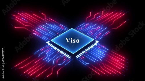 Futuristic cpu processor chip with glowing neon blue and red circuit board lighting.