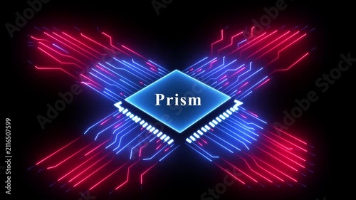 Abstract glowing circuit board with flashing neon lights and central processor.