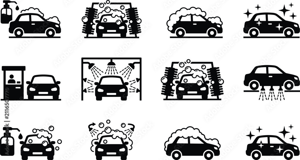 Obraz premium Car wash service icon set vector illustration featuring automatic cleaning water spray soap foam and sparkling automobile