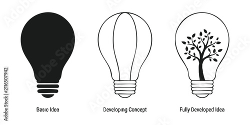 фотографія Progressive light bulb icon set representing creative growth from basic idea to developed concept