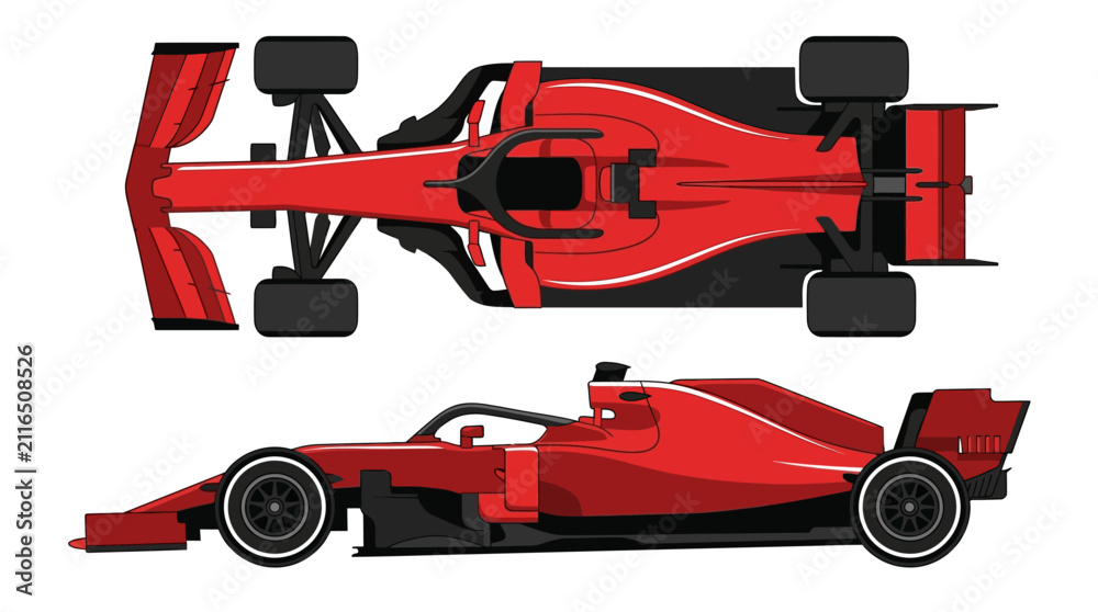 Obraz premium Modern red Formula 1 racing car infographic illustration featuring top and side profile views with detailed aerodynamics, halo safety device, front wing, and slick tires on white.