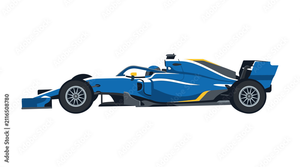 Fototapeta premium Flat design vector illustration of a modern blue Formula 1 racing car featuring a halo cockpit protection system, side profile view, isolated on a clean white background.