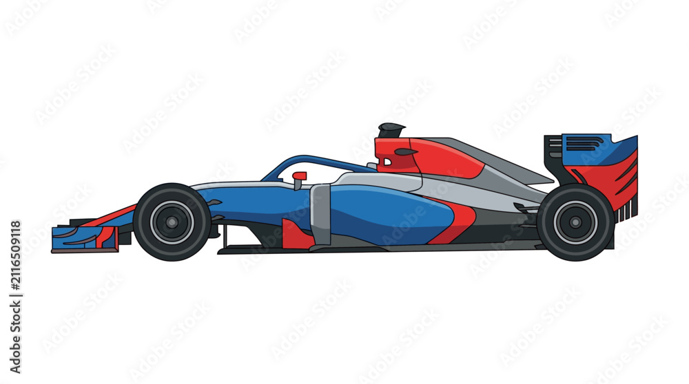 Fototapeta premium Modern flat design Formula 1 racing car illustration, side profile view with blue, red, and grey livery, minimalist vector graphics isolated on white background, high-speed auto.