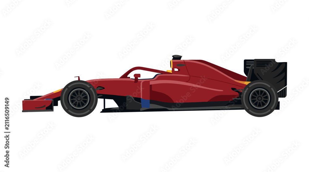 Fototapeta premium Red Formula One Racing Car Illustration in a Flat Design Style. Side Profile View of a Modern High-Performance Grand Prix Vehicle with Aerodynamic Bodywork on a White Background.