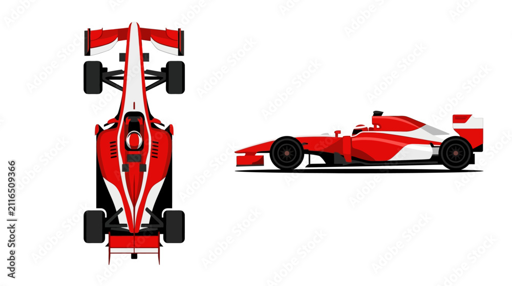 Fototapeta premium Red and white Formula 1 racing car illustration featuring top-down and side profile views in a flat design style with a driver figure isolated on a solid white background.