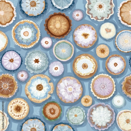 Artistic floral pattern overhead shot of various flower designs on blue background in decorative circle frames