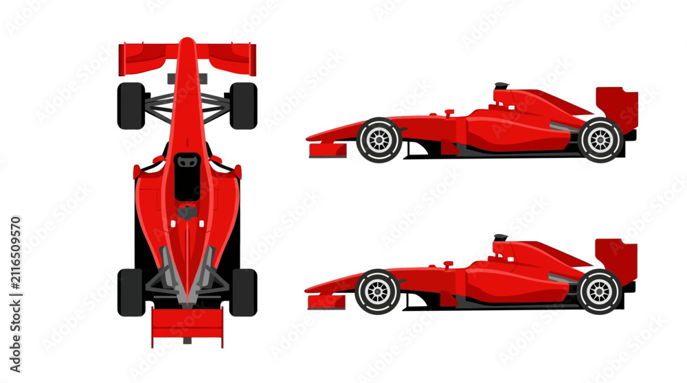 Fototapeta premium Flat design illustration of a red Formula 1 racing car featuring multiple angles including a top-down plan view and side profiles isolated on a clean white background for design.