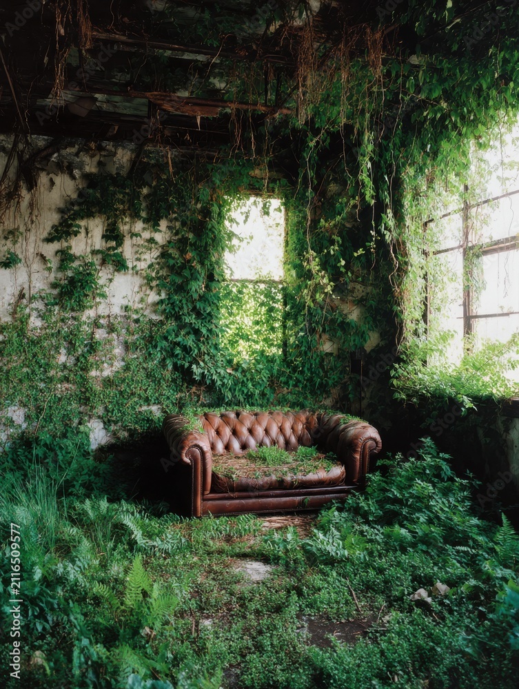 Obraz premium Overgrown Chesterfield Sofa in Abandoned Building Interior Nature Reclaims Space Vertical Composition