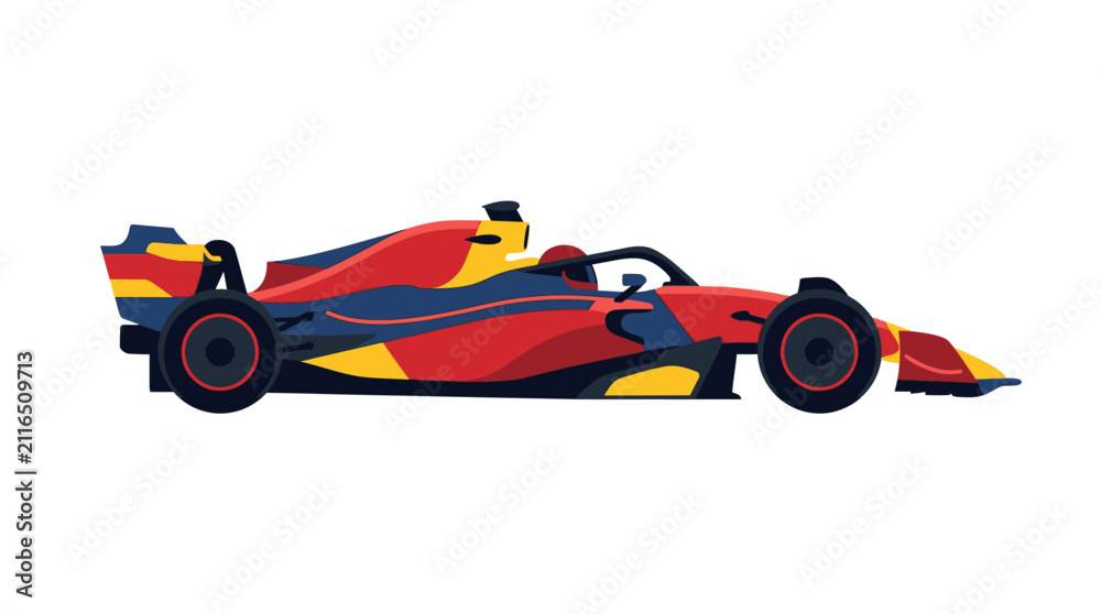 Fototapeta premium Stylized flat design illustration of a professional formula racing car in side profile view featuring red, yellow, and blue livery colors isolated on a clean plain white background.