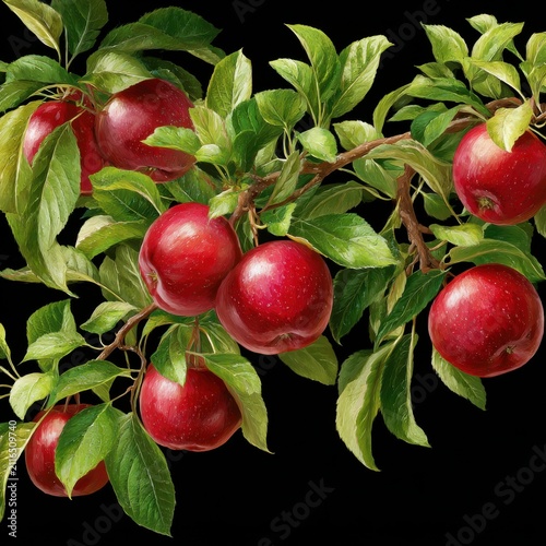 Red apples hanging on a tree branch with green leaves against a black background artistic painting style
