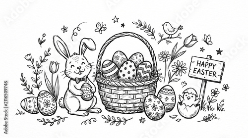cute easter rustic doodle sketch illustration with bunny basket eggs and chick
