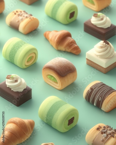 Assorted Pastries on Mint Background, High Angle Studio Shot, Croissant, Roll Cake, Chocolate Cake, Cream Cake, Sweet Treats