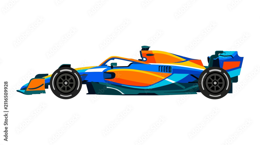 Fototapeta premium Flat design vector illustration of a modern Formula 1 racing car in profile view featuring a vibrant blue, orange, and yellow livery with aerodynamic bodywork on white background.