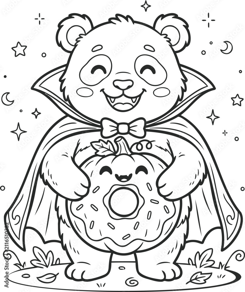 Obraz premium Black and white of a panda dressed as a vampire holding a heart, surrounded by stars