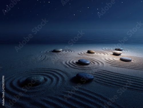 Zen garden at night with raked sand and stones in circles aerial view spiritual peaceful meditation landscape