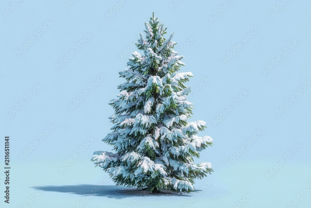 Fototapeta premium Isolated Christmas Tree Covered in Snow Studio Shot on Light Blue Background Holiday Season Festive Scene
