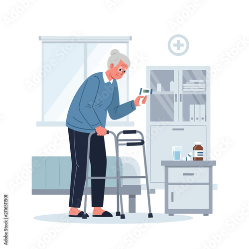 Elderly Patient Checking Temperature With Digital Thermometer Assisted By Walker
