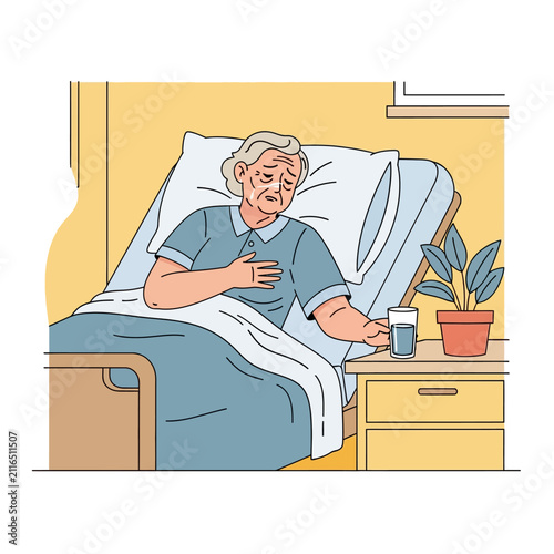 Elderly Patient Experiencing Chest Discomfort While Resting In Hospital Bed Attended To