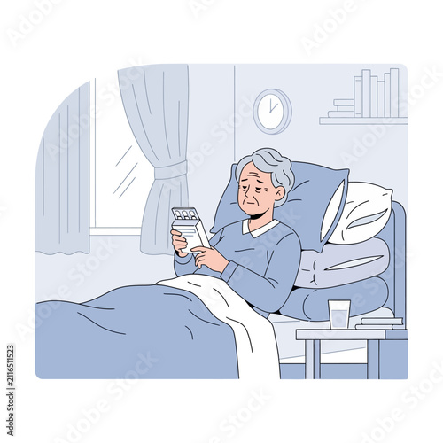 Elderly Patient In Hospital Bed Viewing Digital Device With Concern And Worry