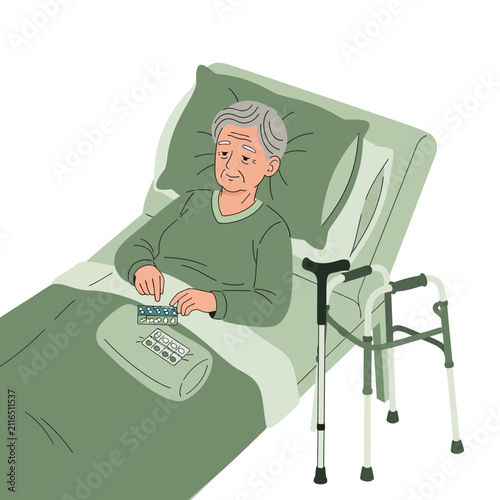 Elderly Patient In Hospital Bed With Walking Aid And Medications