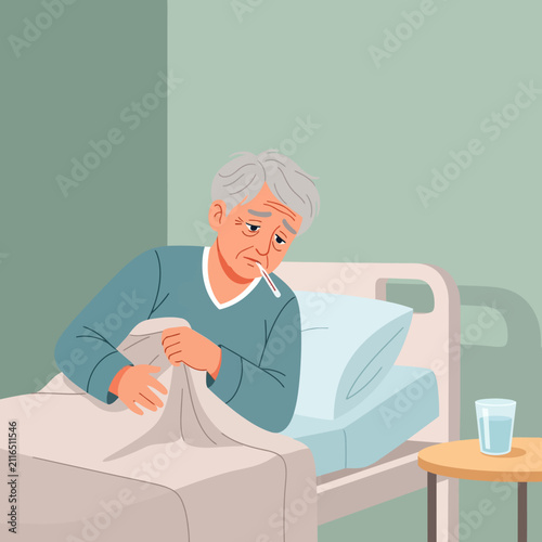 Elderly Patient Lying In Hospital Bed With Thermometer In Mouth Represents Illness And Fatigue