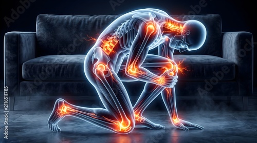 Digital illustration of human skeletal structure with glowing orange joints with transparent anatomical skeleton kneeling front sofa