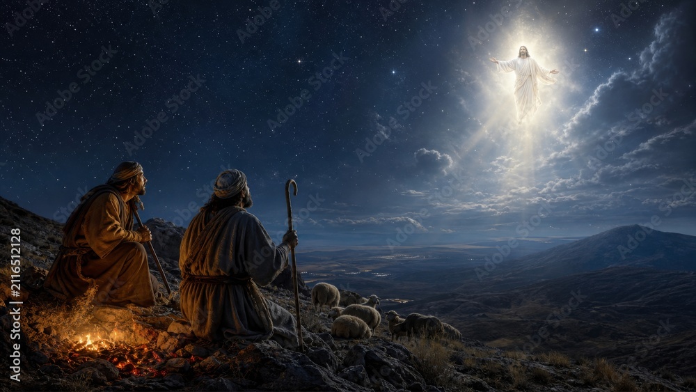 Obraz premium Jesus Christ appearing to shepherd on hillside at night. Biblical scene of adoration and revelation. Religious art depicting faith, divinity, hope, and the nativity of Christ in heaven.