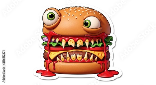 Scary Cartoon Burger Monster with Googly Eyes and Dripping Ketchup.