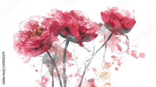 Watercolor Peony Flowers Painting on White Background Delicate Floral Art Illustration Artistic Impressionist Style Close Up