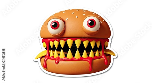 Scary Burger Monster with Big Eyes and Sharp Teeth.