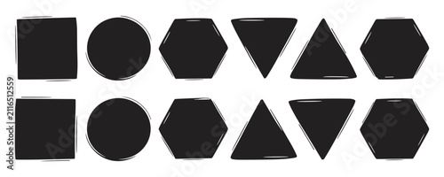 Set of hand drawn geometric shapes including circles squares triangles and hexagons in a sketch doodle style on a white background