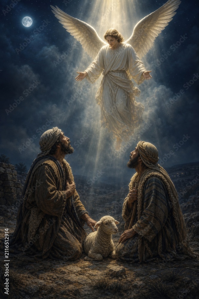 Obraz premium Angel appearing to shepherds in the starry night. Biblical scene of heavenly announcement. Spiritual illustration of historical nativity story for Christian religion and Christmas holiday.