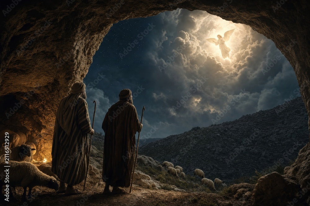 Fototapeta premium Shepherd watching angel appearing in night sky above hill. Biblical story scene of annunciation to shepherd with sheep in cave. Religious art concept depicting divine miracle light.