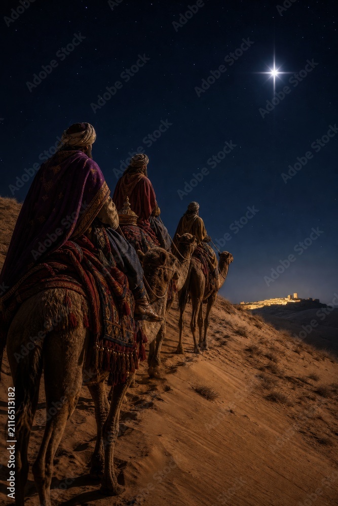 Obraz premium Three wise men riding camels across desert toward Bethlehem. Biblical scene of magi following star of Christmas to find Jesus Christ. Ancient religious journey to birth of savior.