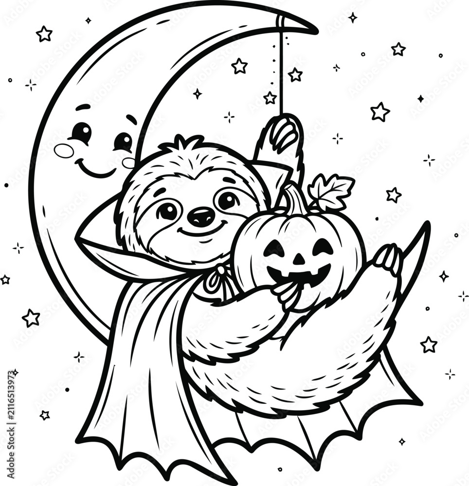 Fototapeta premium Cute cartoon sloth wearing a black vampire cape, surrounded by stars and a crescent moon black cape