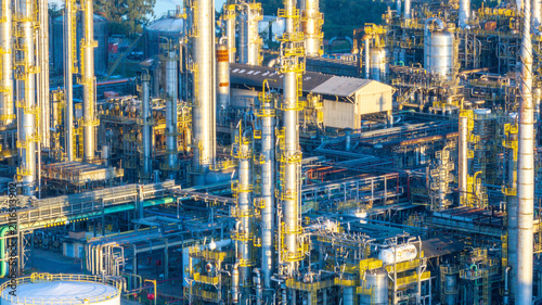 Aerial view of the Capuava Petrochemical Complex featuring tall distillation columns, intricate pipeline networks, and industrial infrastructure in Santo Andre, State of Sao Paulo, Brazil.