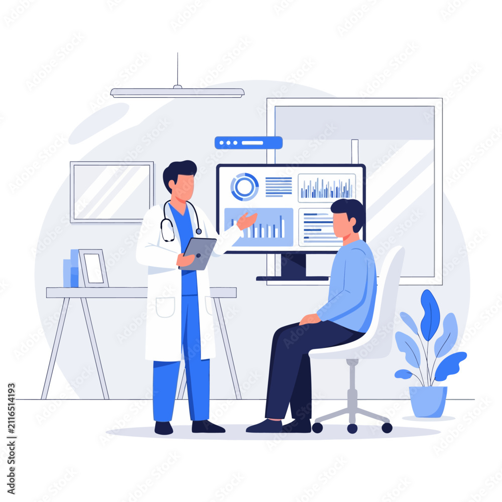 Fototapeta premium Doctor Consultation Discussing Health Data On Digital Display Screen
