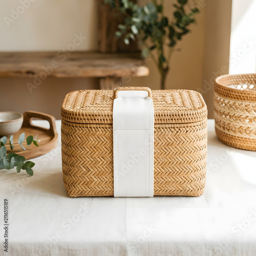 wicker basket on wooden table