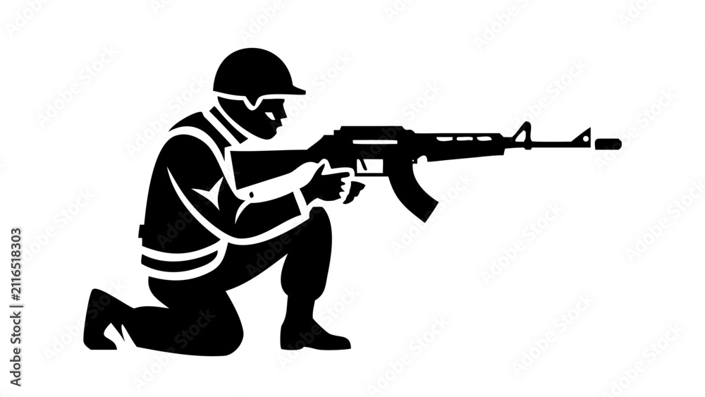 Obraz premium Silhouette icon of a soldier kneeling and aiming a rifle with military infantry tactical kneeling shooting silhouette isolated combatant protection strategic personnel training readiness