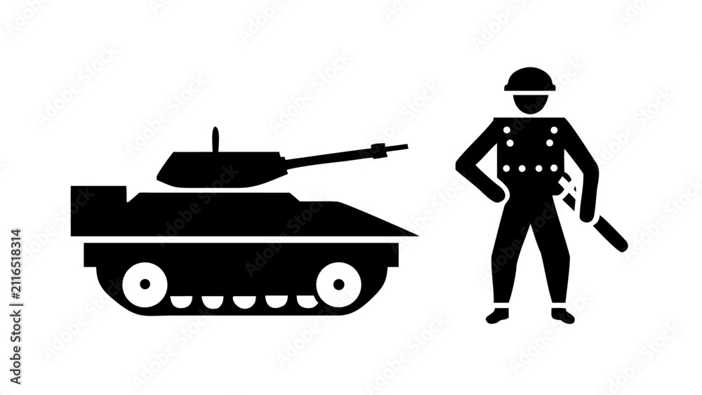 Obraz premium Silhouette graphic of a soldier standing next to a battle tank with military silhouette isolated infantry artillery tactical personnel security conflict transport operation strategy