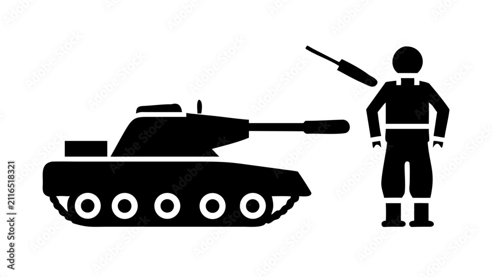 Obraz premium Silhouette icon depicting a main battle tank and a standing soldier with military silhouette isolated artillery infantry tactical personnel security conflict transport operation strategy