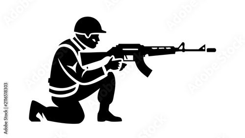 Silhouette icon of a soldier kneeling and aiming a rifle with military infantry tactical kneeling shooting silhouette isolated combatant protection strategic personnel training readiness