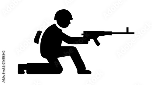 Silhouette icon of a kneeling soldier aiming a rifle with military infantry tactical kneeling shooting silhouette isolated combatant protection strategic personnel training readiness