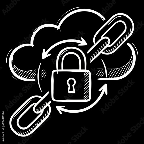 Blockchain Data Security Protection Hand Drawn Chalkboard Vector Illustration Featuring Locked Chain Cloud Privacy Encryption Distributed Network Cybersecurity Technology System Concept