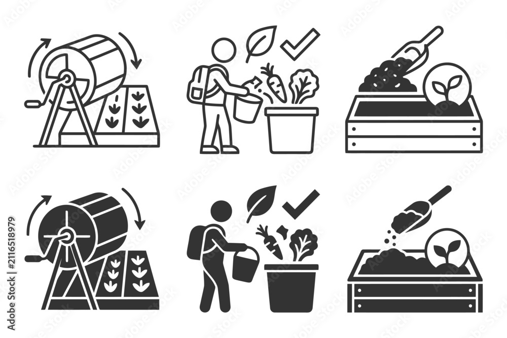 Fototapeta premium Sustainable gardening icons: composting, planting, harvesting, eco-friendly practices.