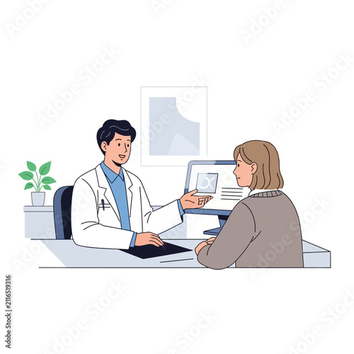 Doctor And Patient Consultation Discussing Medical Information On Computer Screen