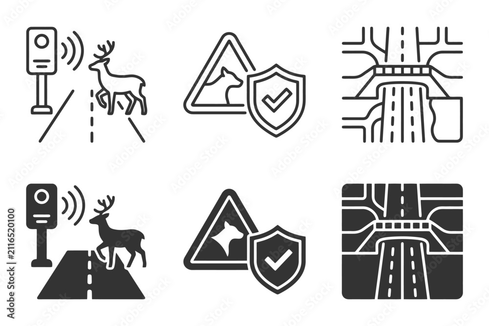 Fototapeta premium Traffic and road safety icons featuring deer warning signs and road structuring elements.