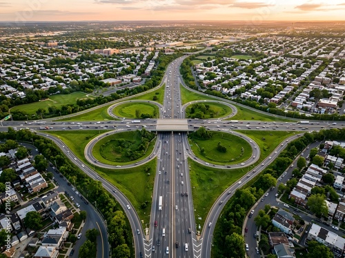 Aerial view of a cloverleaf highway interchange surrounded by residential suburban houses during a beautiful golden sunset