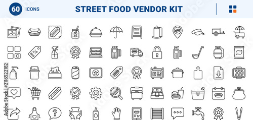 Hot dog cart line icon set. Vector pictograms of street, food, vendor, and grill elements, thin linear illustration.